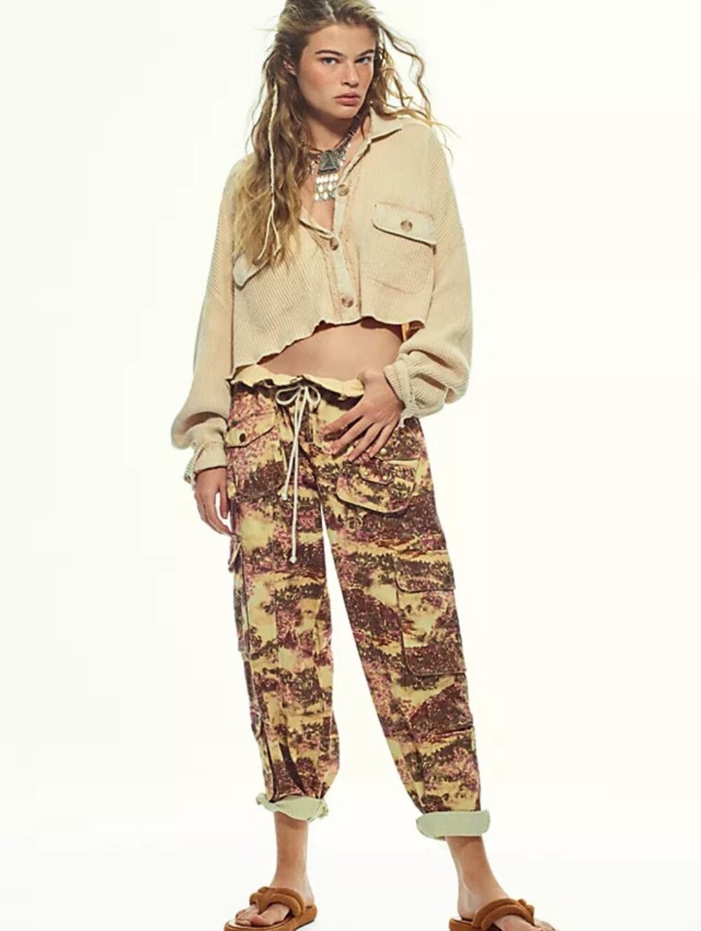 Free People Tan Floral Print Tahiti  Cargo Pants Sz Xl